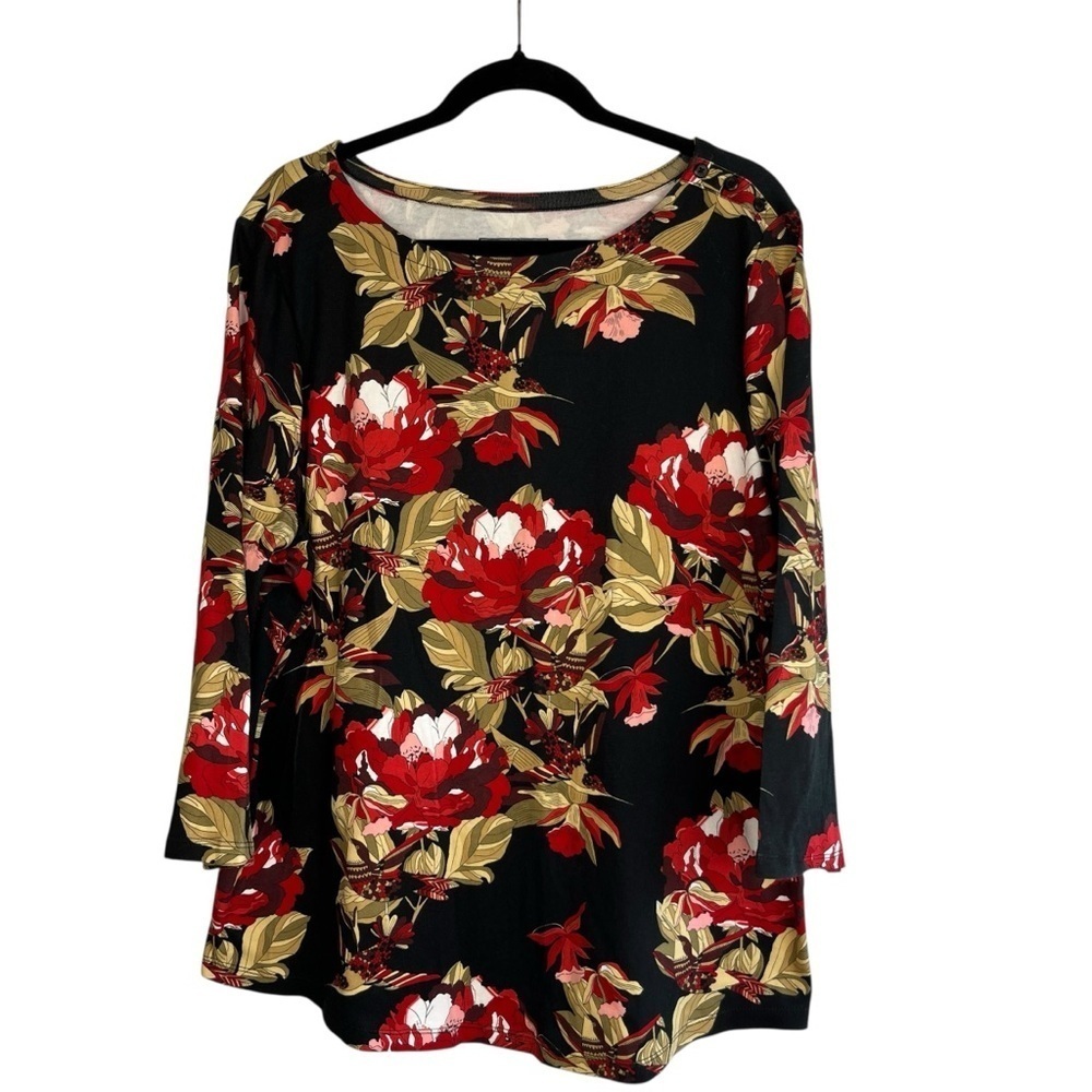NWT Womens Charter Club Pima Cotton Black Floral Long Sleeve T-Shirt Top XXL